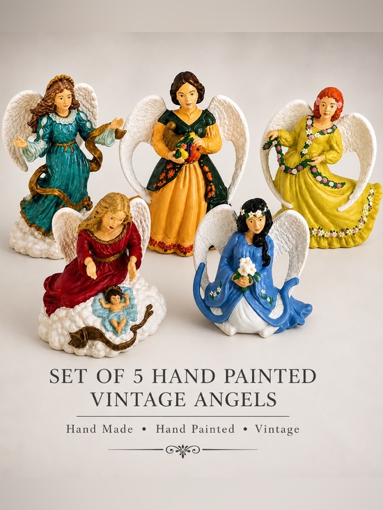 Other - Set of 5 Hand-Painted Vintage Angel Figurines - Multicolor